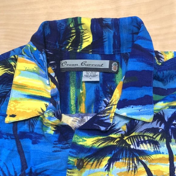 Ocean Current Men’s Hawaiian Shirt Blue & Yellow Size L Palm Tree Print - Picture 3 of 7